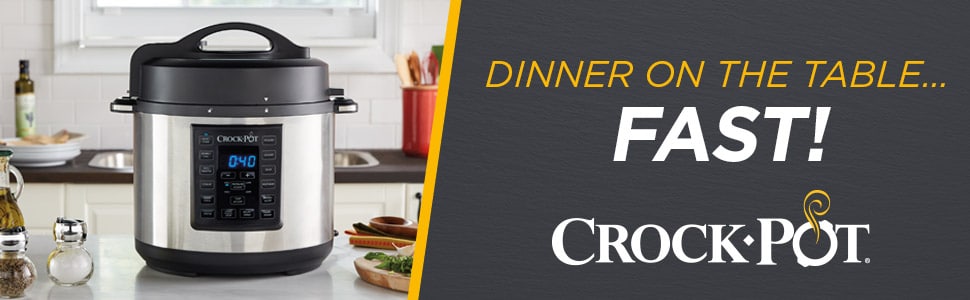 Crock-Pot Pressure Cooker with Kitchen Background; Dinner on the Table...Fast!
