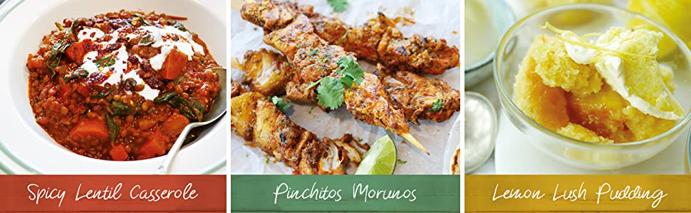 Three tasty recipes: Spicy Lentil Casserole, Pinchitos Morunos, Lemon Lush Pudding